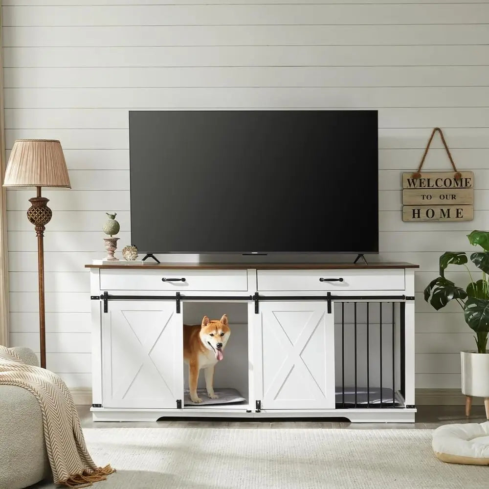 Wooden Double Dog Crate with Divider, Barn Door, and Waterproof Interior for Large Breeds, White