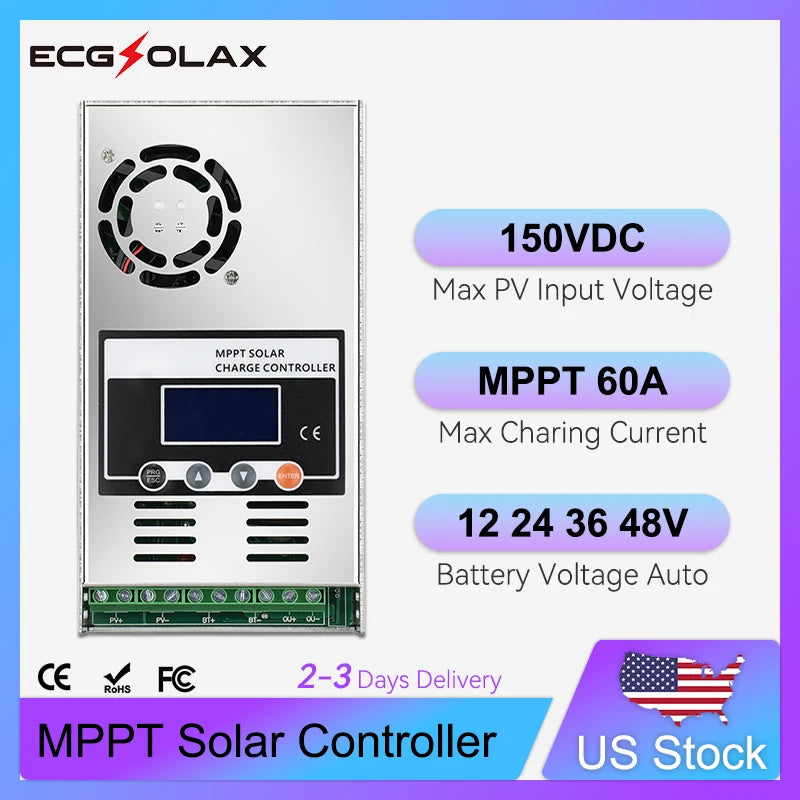 ECGSOLAX 60A MPPT Solar Charge Controller Battery Charging Controller 12V 24V 36V 48V Auto Max PV 150VDC 60A Solar Controller
