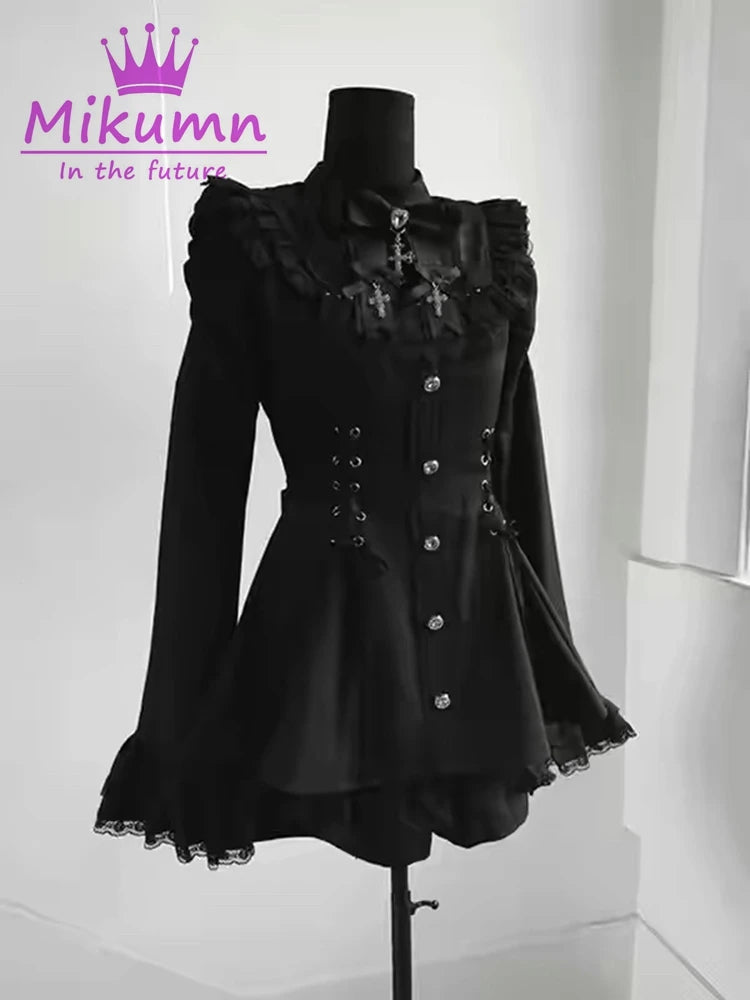 Mikumn Harajuku Y2k Japanese Lolita Style Dress With Shorts Kawaii Vestidos Women Gothic Lace Bow Flare Sleeve Party Mini Dress