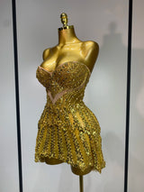 Luxury Gold Sparkly Sequins Diamonds Mini Dress Birthday Dress Women Sexy Performance Costume Singer Stage Nightclub Outfit