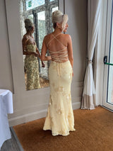 Mingmingxi Women Maxi Backless Dress Sexy 3D Floral Embroidery Mermaid Gown Yellow Formal gala Prom Party Dress Long