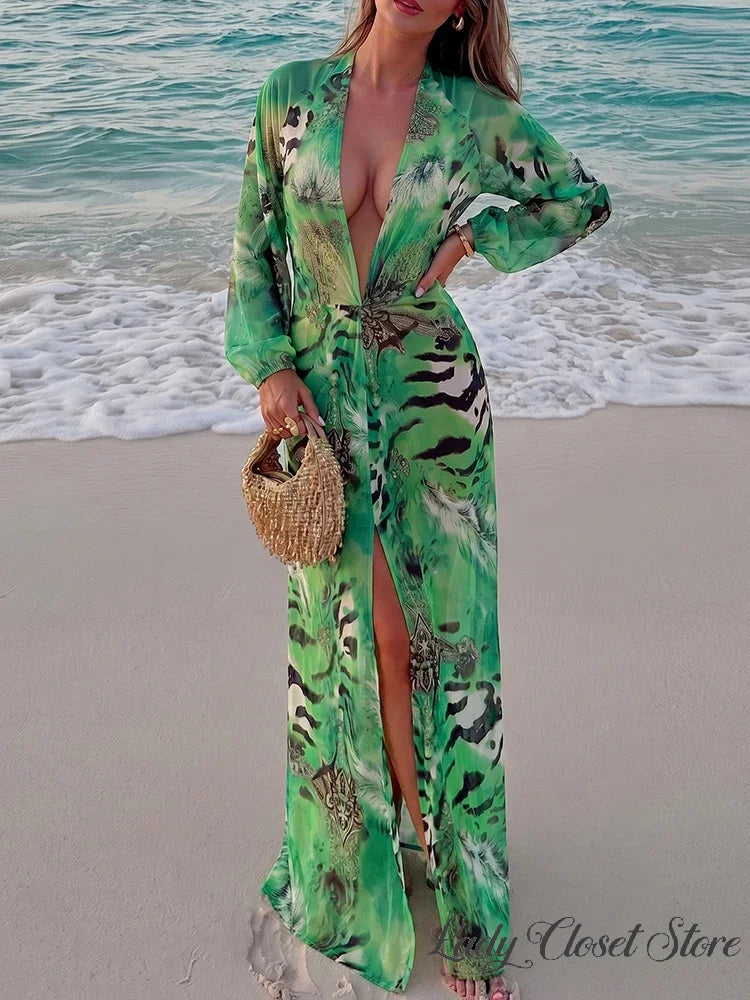 Woman Tiger Stripe Print Deep V-neck Dress Sexy Backless Long Sleeve Dresses 2026 Summer Vacation Beach Party Elegant Vestidos