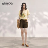 MISHOW Women's Mesh Splice Fake Two Piece Long Sleeve T-Shirt 2026 Summer Lemon Fruit Print Tee Loose Slim Casual Top MXF28T1696
