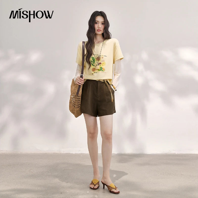 MISHOW Women's Mesh Splice Fake Two Piece Long Sleeve T-Shirt 2026 Summer Lemon Fruit Print Tee Loose Slim Casual Top MXF28T1696