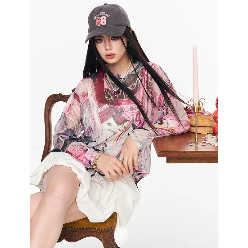 ELFSACK Mesh Long Sleeve T-shirt, Retro Jersey Print See-through Top, Cute Cat Patchwork Slim Tee for Women