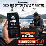 BUKNUWO 12V 100Ah Bluetooth LiFePO4 Lithium Battery, Smart 1280Wh Grade A Cells Battery For RV Boat Solar System