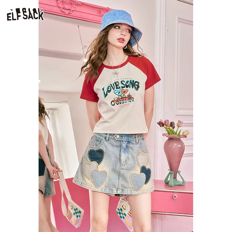 ELFSACK Shoulder blocking color front shoulder short sleeved t-shirt for women's summer new bm small short top