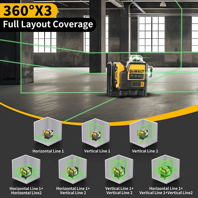 DEWALT DW089LG Lithium Battery Green Laser Level 12 Lines 3 Sides 360°