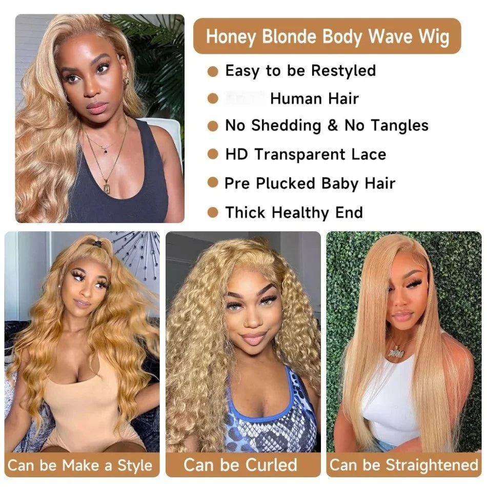 Body Wave Human Hair Wigs 27 Honey Blonde 13X6 Hd Lace Frontal Wig 13X4 Human Hair 250 Density Colored Preplucked Brazilian Wigs
