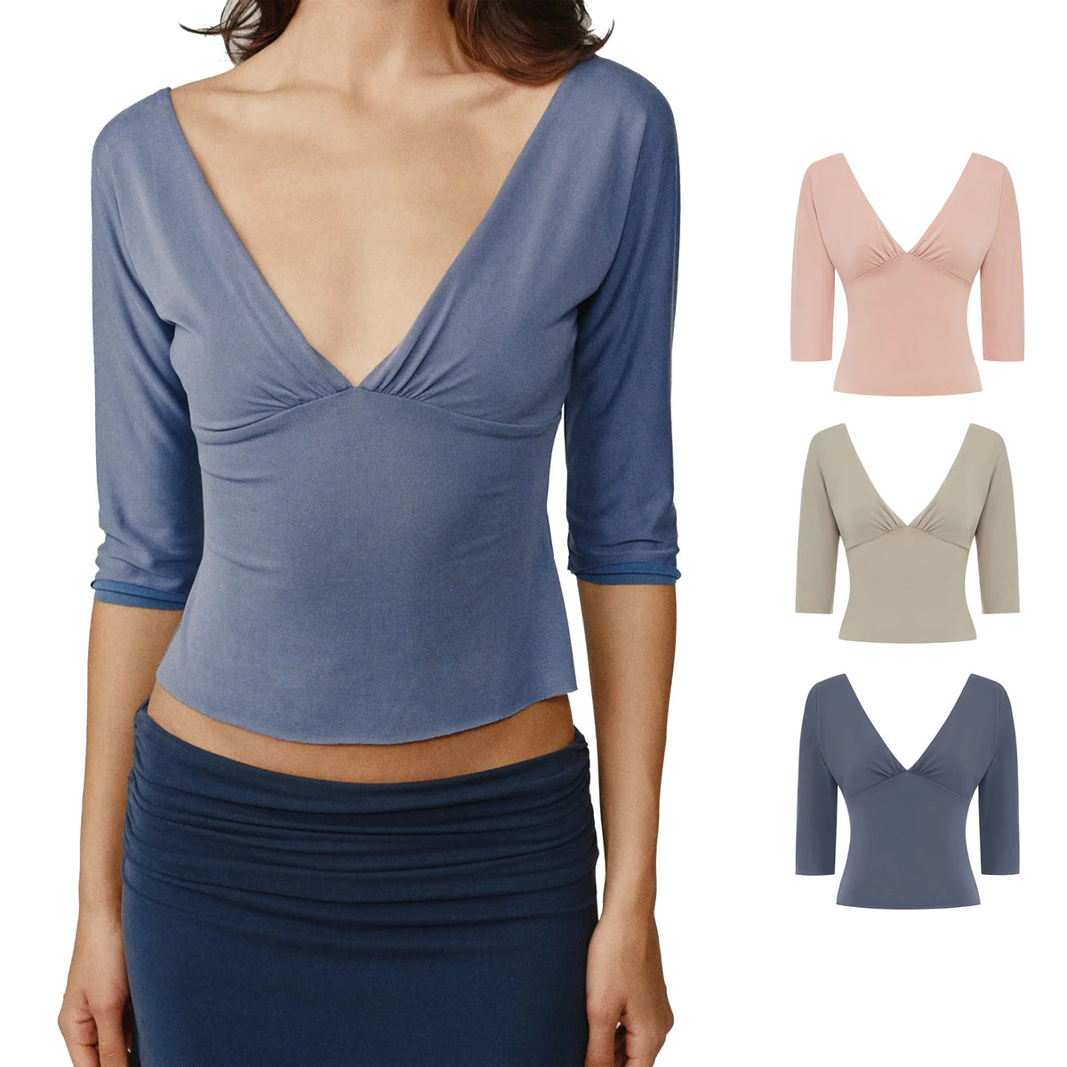 Wj Deep V-Neck Ruched Three-Quarter Sleeve Top, Short Waist-Revealing Slim-Fit Knit Base Shirt, Ruched Neckline Waist-Cinching Short Top, Versatile Solid Color Basic Top