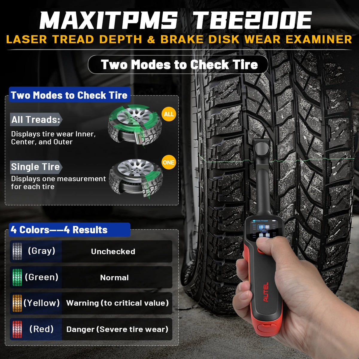 Autel MaxiTPMS TBE200E Tire Diagnostic Scanner Car Tool Laser Tire Tread Depth & Brake Disc Wear 2in1 Tester Perform with ITS600