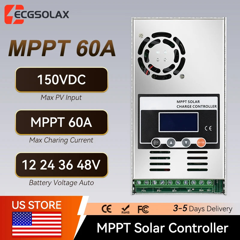 ECGSOLAX 60A MPPT Solar Charge Controller 12V 24V 36V 48V Auto Solar Charging Controller 60A Solar Controller LCD Max PV 150VDC