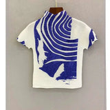 GVUW Printing Pleated T Shrit Woman Turtleneck Short Sleeve Pullover Elastic Slim Fit Tops High Street 2025 New Summer 17G1040