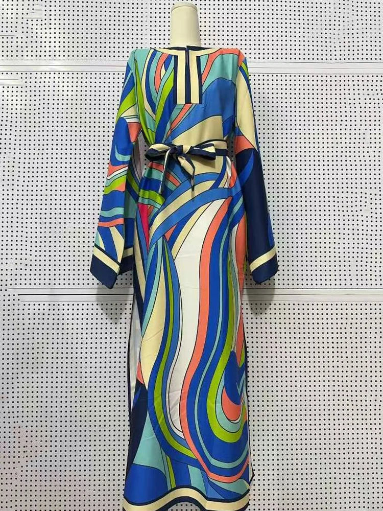 Retro geometric positioning printed lace up semi open collar pullover dress for women's fashion, loose fit plus slit skirt