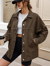 Women's Casual Loose Fit Drop Shoulder Long Sleeve Single-Breasted Denim Jacket, Autumn
