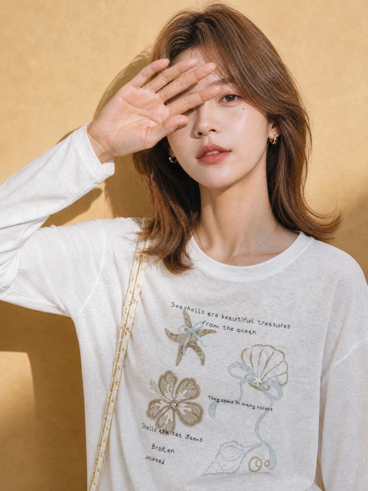 XIAOGULI Women's Off Shoulder T-shirt 2026 Autumn Starfish Print Korean Style Cotton Loose Fit Irregular Chiffon Ruffle Hem Top
