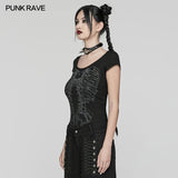 PUNK RAVE Punk Girls Club Hollow-out Summer Black Slim Skull Print T-Shirt Gothic Popular Visual Kei Sexy Cotton Tees Top