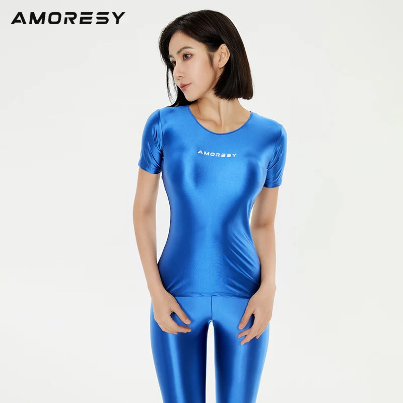 AMORESY Women Shiny Glossy Silky Short Sleeve Tights Tops Oil Round Neck Pullover Sports Running Stretch Fitness T-shirt Outdoor