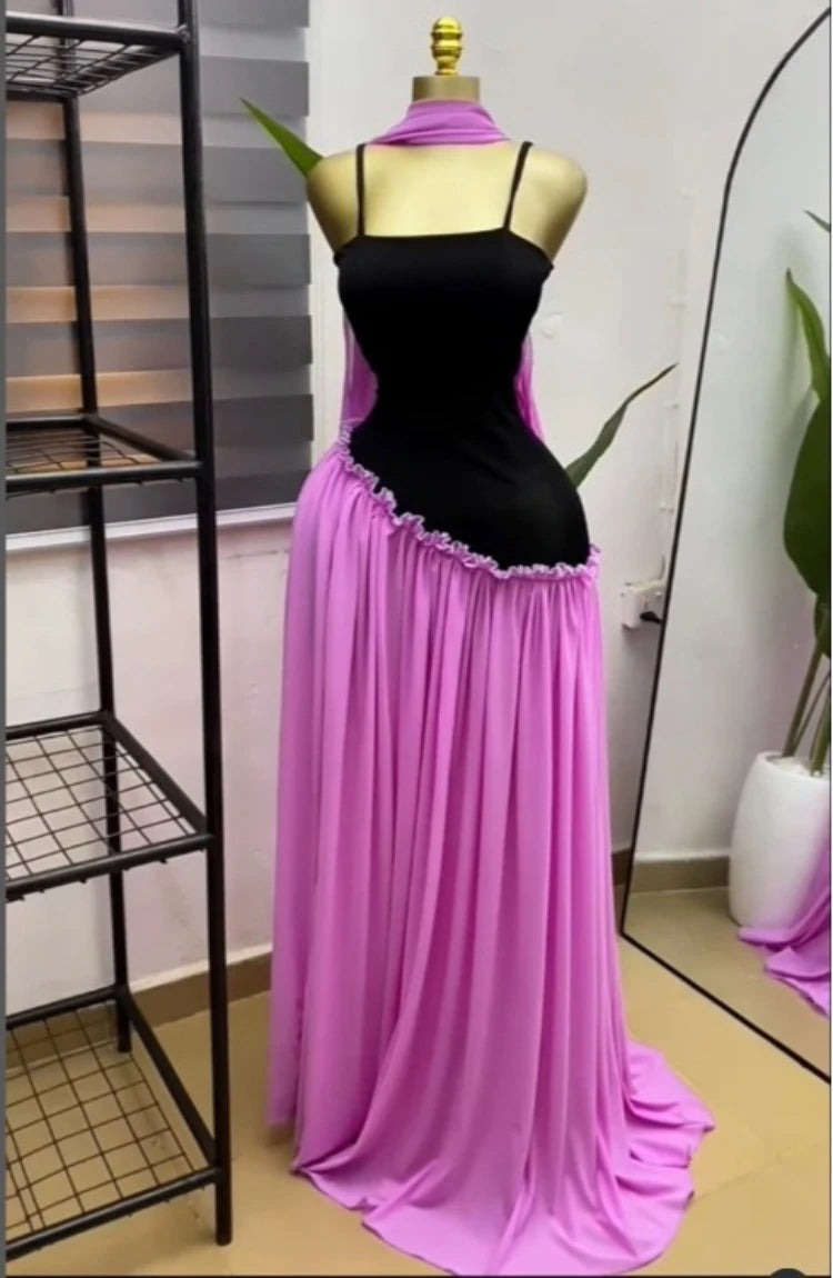 GLCMYAYA Women Sleeveless Strap Patchwork Ruffles A-line Long Dress with Scarf 2026 Street Beach Evening Birthday Party Dresses