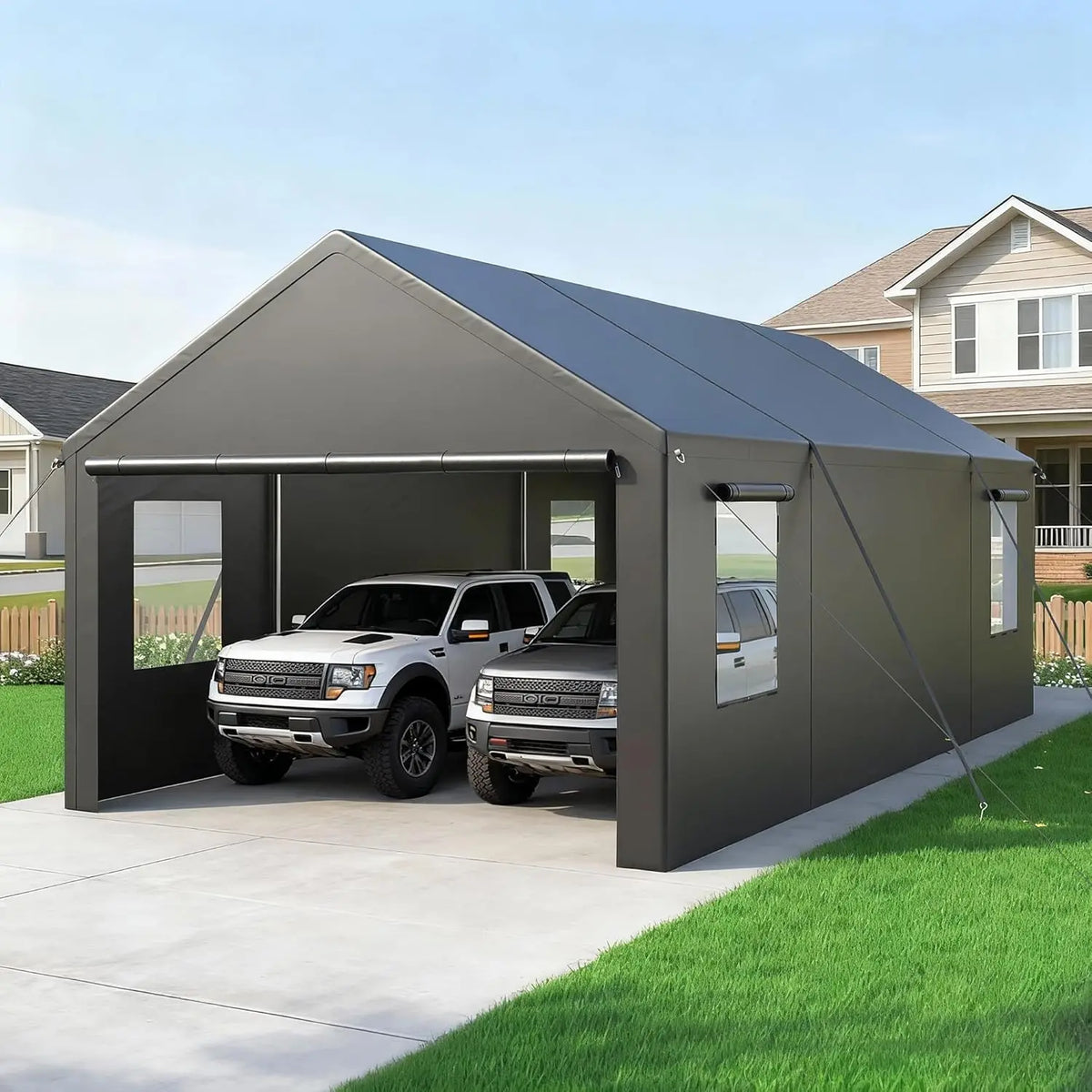 13x25 Ft Carport, Car Ports with 180g PE Tarp, Side-Opening Door & Roll-Up Windows, Carport Canopy, Portable Garage, Customized