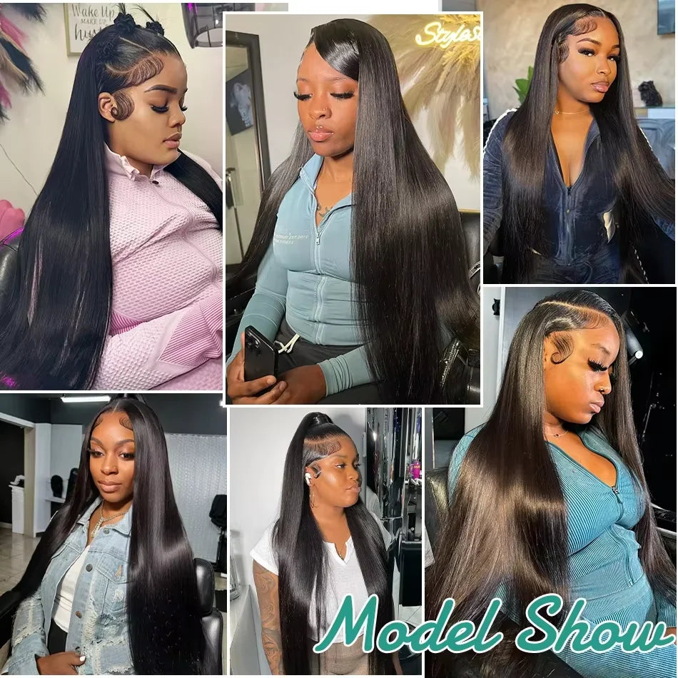 40 Inch Black Straight Human Hair Wigs 13x6 HD Lace Frontal Wig PrePlucked 250% Density 360 Lace Front Straight Human Hair Wigs