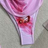 Ladies Pink Floral Print Bikini Swimsuit Three-Piece Set with Thermal Spring Long Skirt Separate Swimwear by BreezeWind