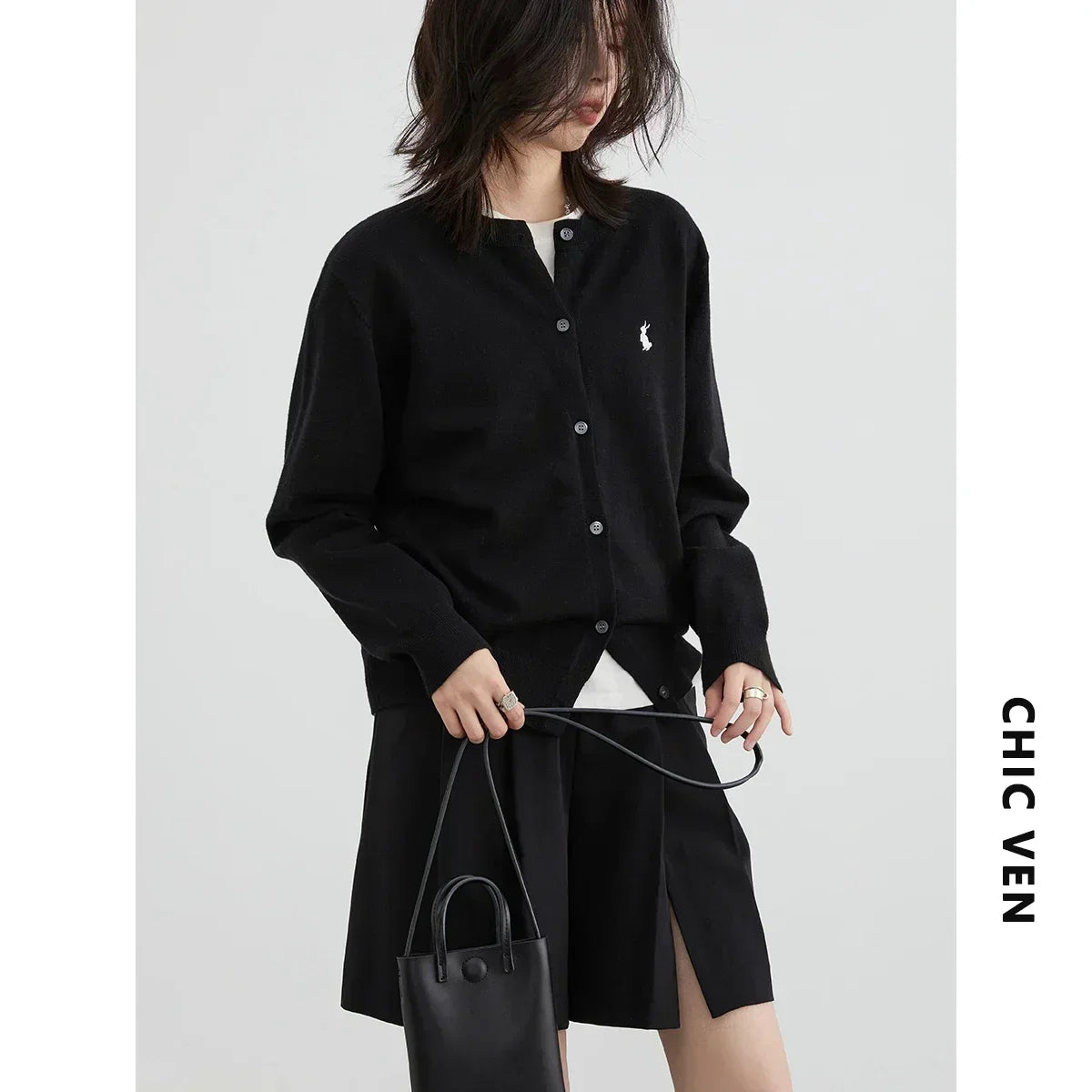 CHIC VEN Women T-Shirts New Multi Color Option Simple Solid Rabbit Embroidery Knitted Cardigan Sweater Autumn Spring 2025