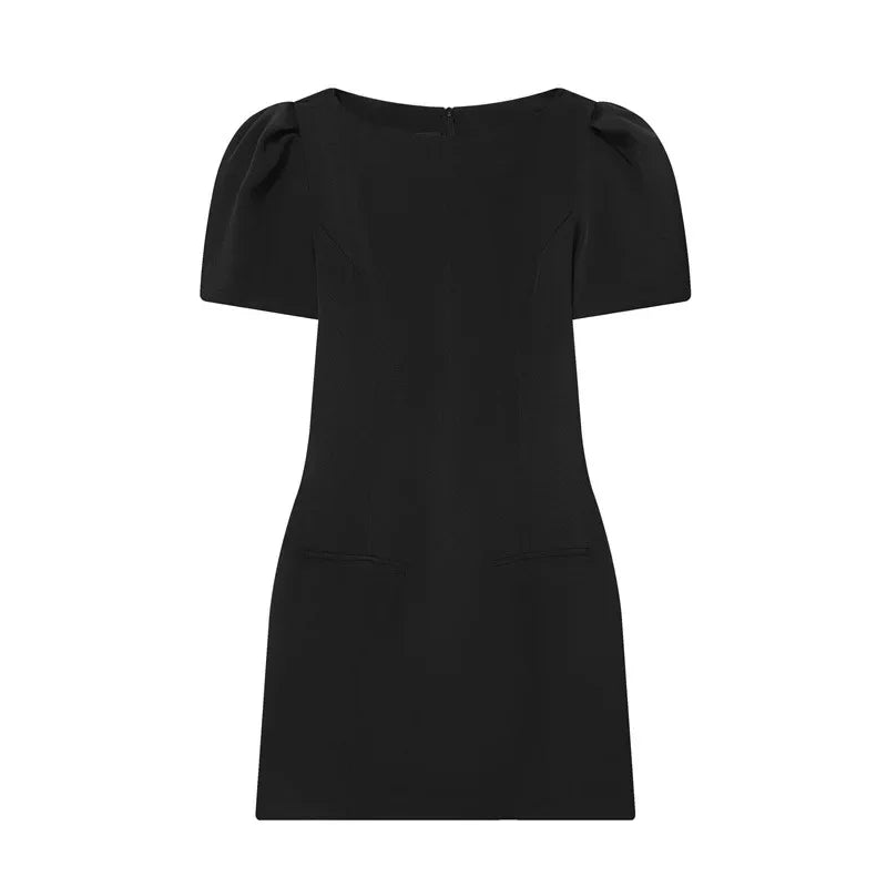 Women's Causal Puff Sleeve Party Dresses Elegant Solid Pockets A-line Slim Zipper Mini Dress Ladies Office Club Evening Outfit