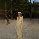 Luxury See Through Mesh Bodycon Maxi Dress For Women Lady Long Flared Cuff Deep V Neck Pleated Beach Holiday Evening Party Gown