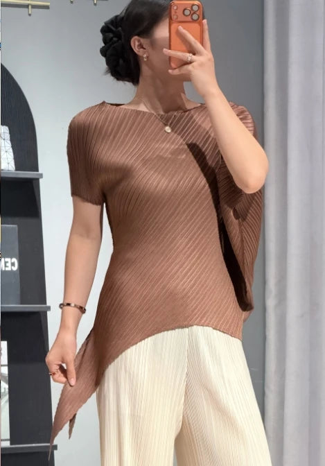 Miyake Pleated T-Shirt 2026 Summer New Irregular Sleeveless Top Simple Casual Fashion V-Neck Fold Vest Commuter Women's Clothing