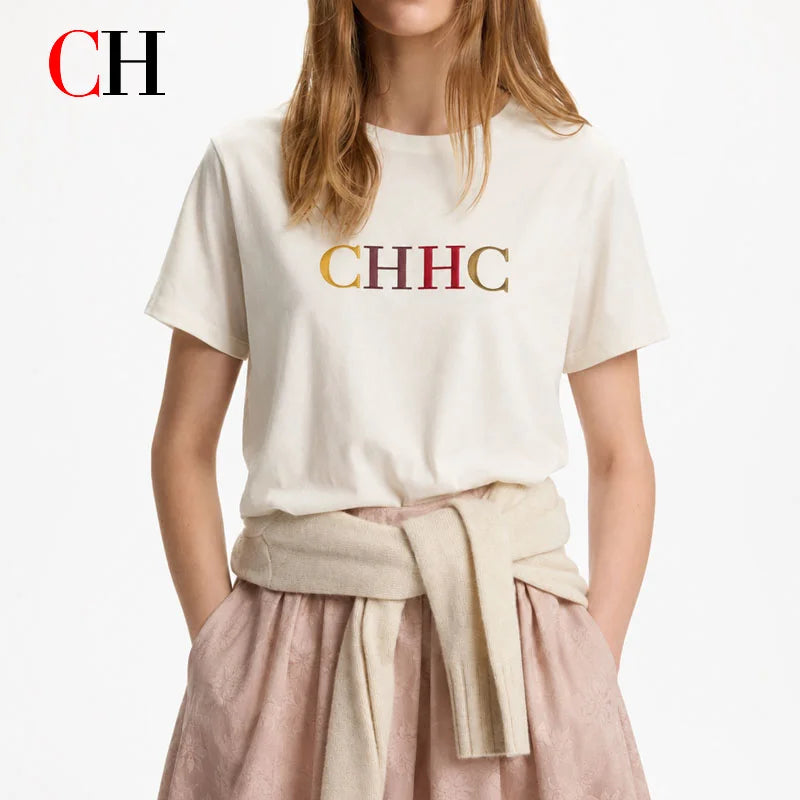 CH Women's White CHHC Letter T-Shirt Crew Neck Short Sleeve Soft Cotton Casual Daily Summer Top