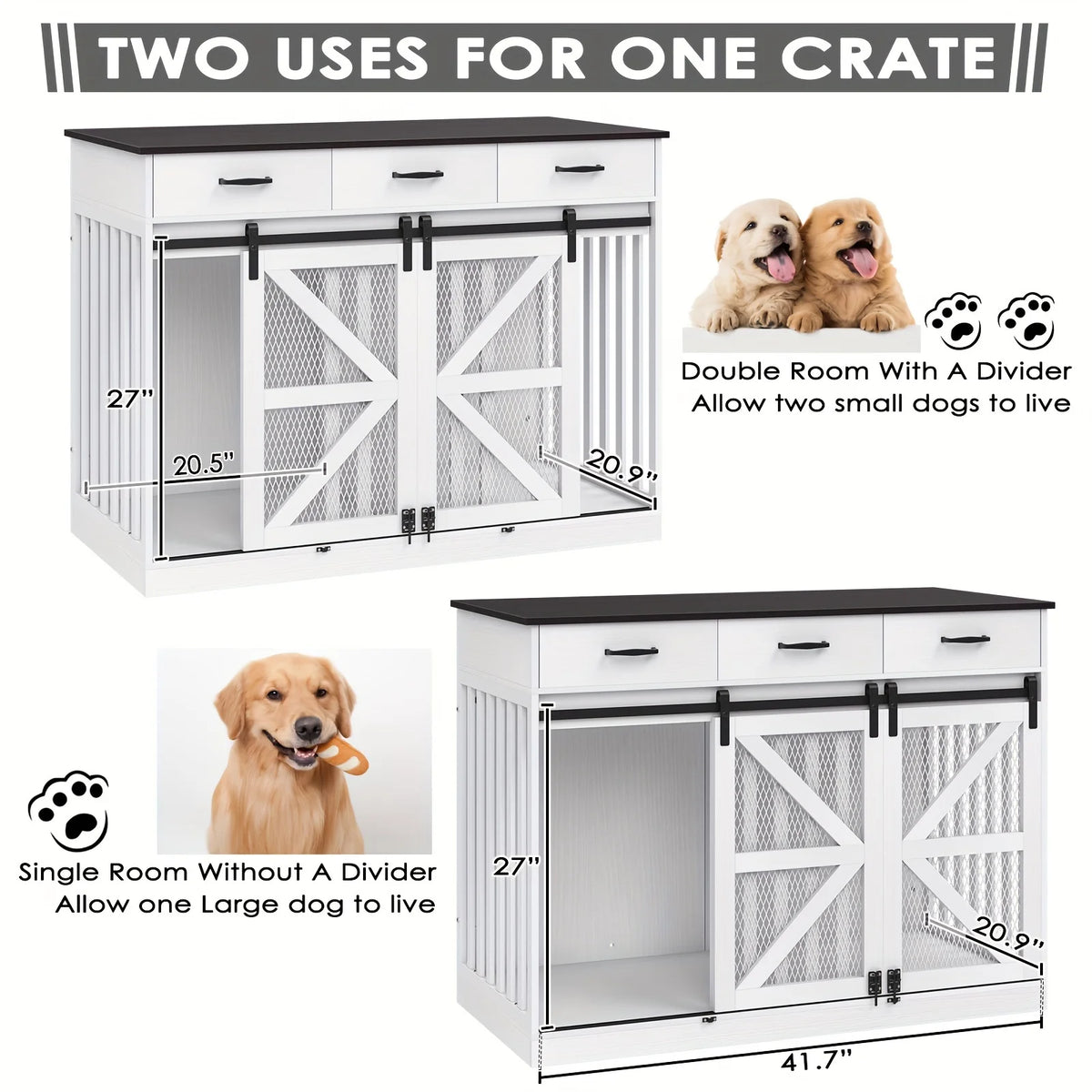 2-In-1 Farmhouse Dog Crate Furniture - Wooden Large Dog Kennel with Drawers Storage - Double Doors - Indoor TV Stand - Inner Hei