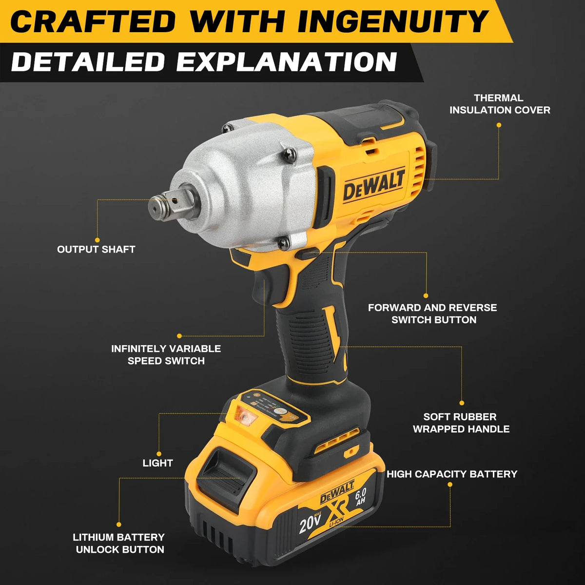 DEWALT DCF900 20V 1/2" Impact Wrench,features a brushless motor Its high torque output makes an ideal choice for tackling tough