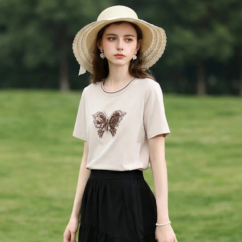I BELIEVE YOU Elegant Short Sleeves Round Neck T-Shirt For Women 2026 Summer New Bead Butterfly Casual Top For Women 2261016301