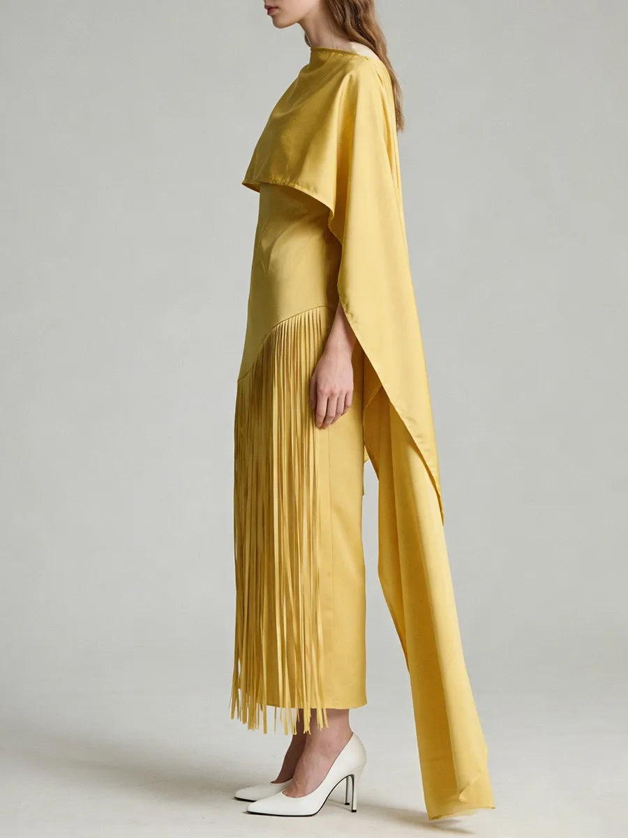 TWOTWINSTYLE Solid Spliced Tassels Temperament Dress for Women Strapless Sleeveless Patchwork Shawl Elegant Dresses Female New