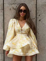 Elegant Floral Printed Mini Dress Women Chic V-neck Full Sleeves Single Breasted Slim A-line Short Dresses 2026 Lady Party Robes