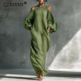Bohemian Woman Dresses Vacation Sexy Cold Shoulder Lantern Long Sleeve Maxi Dress 2026 Spring Casual O Neck Solid Pullover Dress