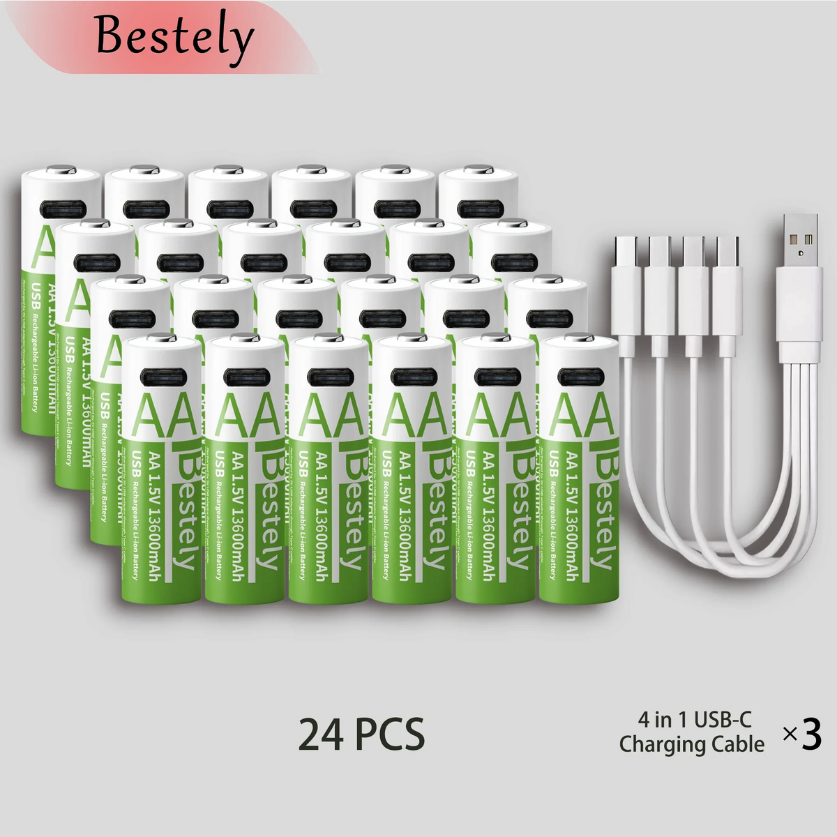 Bestely AA Rechargeable Lithium Battery 1.5V 13600mAh Fast Charging Long Lasting Li-ion Batteries 2000 Cycle with USB- C Cables