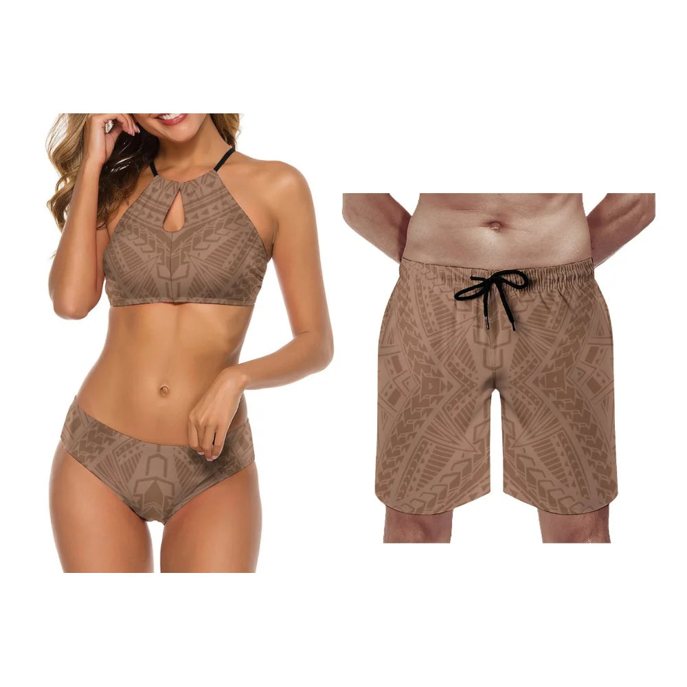 Summer Custom Wholesale Polynesian Couple Swimsuit Sets Collar-Necked Tie-On Design Women'S Beach Bikinis Men'S Beach Shorts