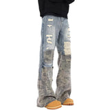 Men's Vintage Distressed Flare Jeans Camo Patchwork Ripped Patch Denim Pants Y2K Street Style Casual Daily Club Wear