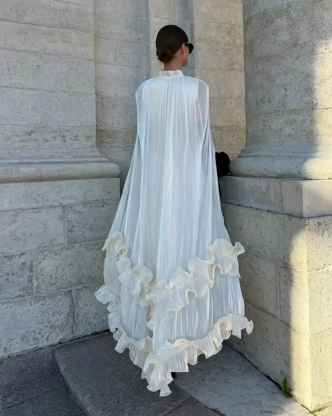 Multi-layer Ruffled Hem Sleeveless With Cape Maxi Dress Women Round Collar Lace Up Long Dresses 2026 New Evening Party Robes