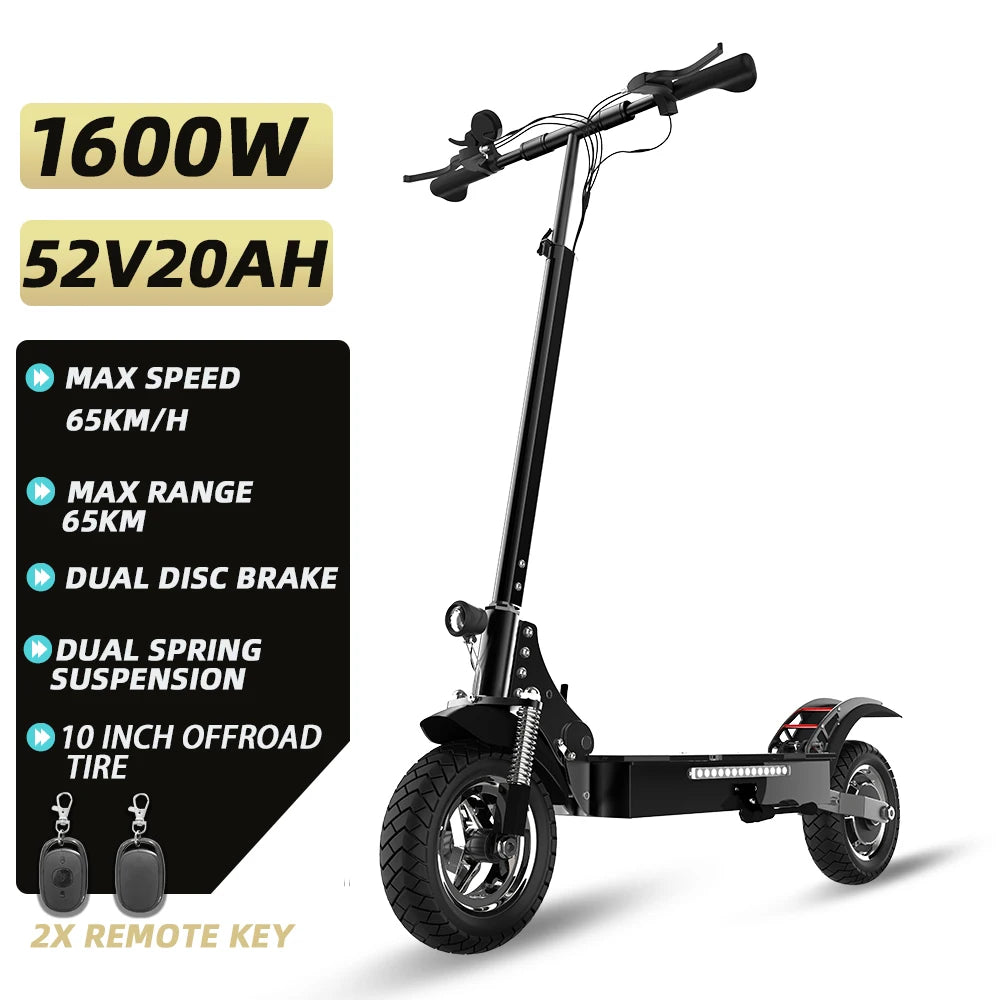 Foldable 2 Wheel Electric Scooter 20Ah Rechargable Battery 80 km Long Range 1300W Motor 10" Big Wheel Mobility Scooter for Adult
