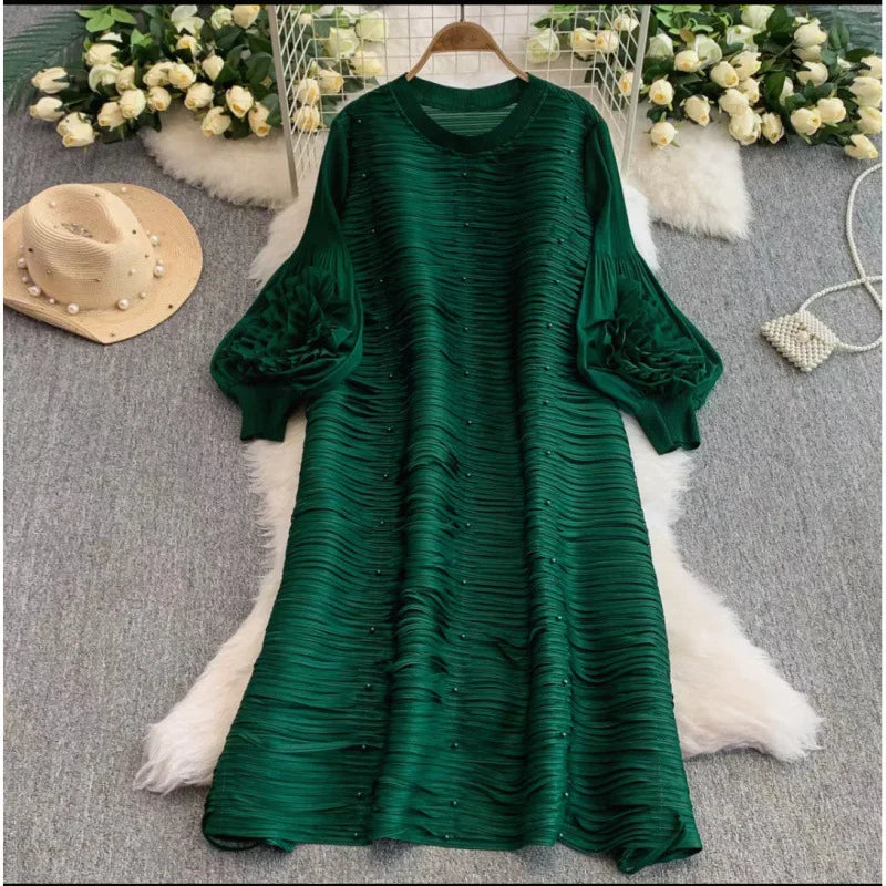 Mizhai Nail Beads Hollow Fringed Disc Pleats High-end Loose Round Neck Heavy Industry Lantern Sleeves Long Dress Women's New