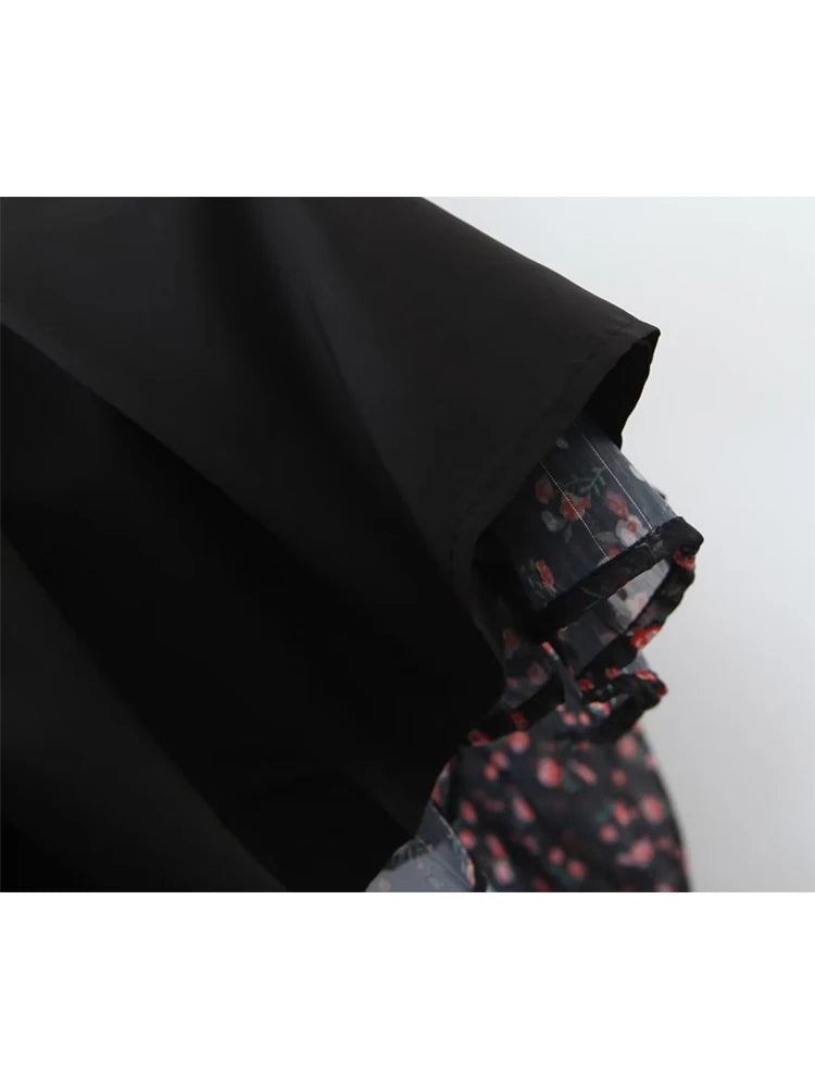 YENKYE Autumn Fashion Women Vintage Floral Print Chiffon Dress Sexy Semi-Sheer Long Sleeve Layered Ruffle Ladies Short Dress