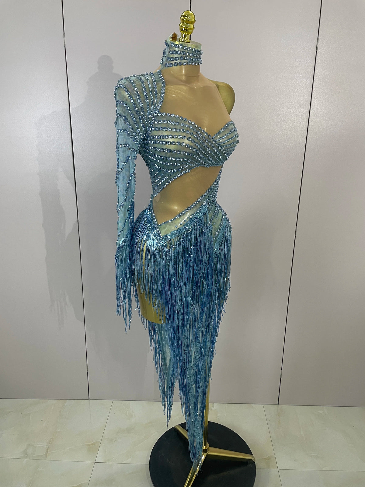 Sexy Latin Dance Outfits Sparkly Diamond Blue Rhinestone Mesh One Shoulder Tassel Dress Eveing Party Bar Nightclub Stage Costume