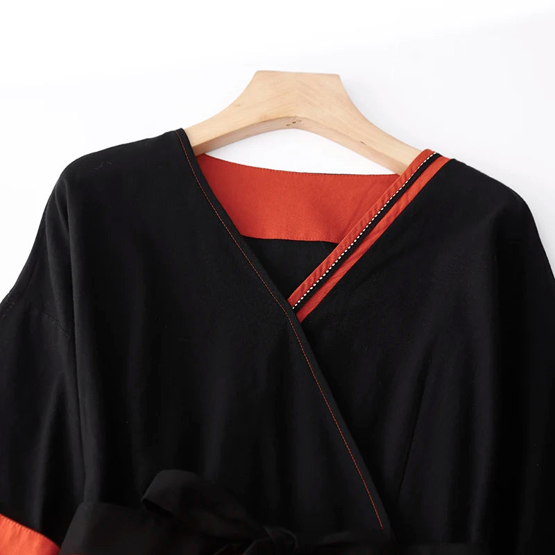 2024 New Arrival V-neck Patchwork Vintage Loose Summer Dress Bow Belt Slim Office Lady Work Dress Fashion Women Casual Dress