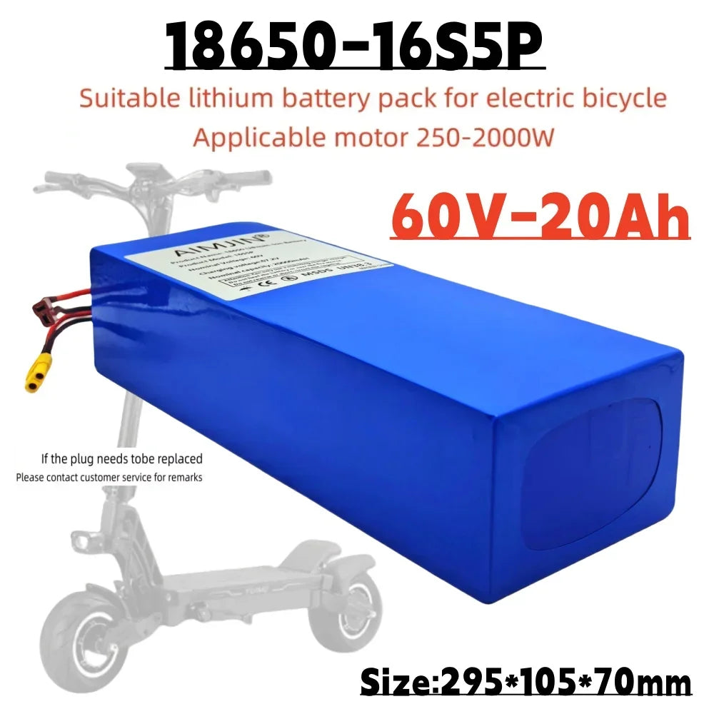 16S5P 60V 20Ah lithium battery pack 2000W high-power with built-in BMS for Motorcycle, scooter, Bicycle MotorReplace battery