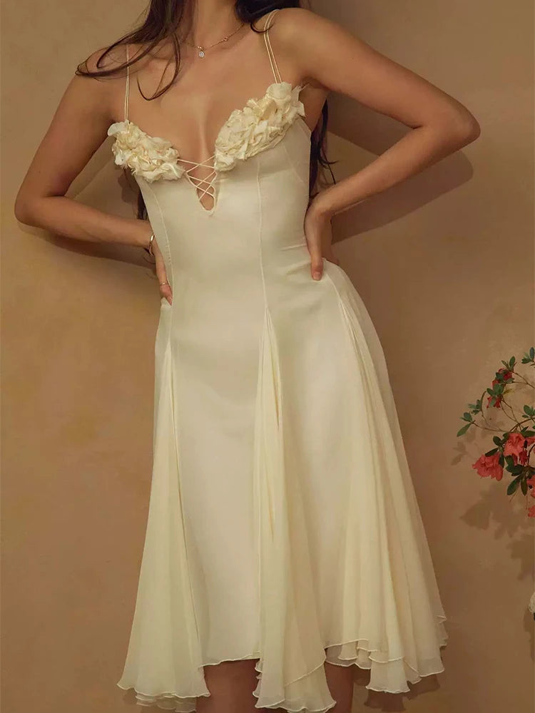 Floral Patchwork Backless Party Dress Elegant Women's V-neck Birthday Long Dresses Summer Sexy Camisole Slim Fit Irregular Dress