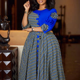 Elegant Dresses for Women 2025 Fall Fashion African 3/4 Sleeve Party Birthday New Robe Chic 3D Flower Plaid Evening A-Line Dress