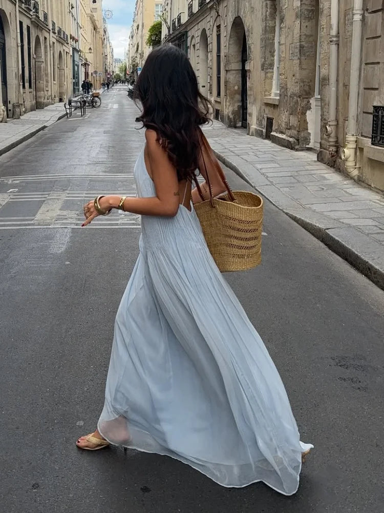 Sexy Women's Solid Color Pleated Long Dress Elegant Sleeveless Suspender Backless Slim Fit Dresses Beach Party Women's Robe